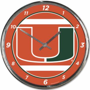 A Miami Hurricanes Clock Round Wall Style Chrome featuring the university of miami logo with orange, green, and white colors, encased in a silver frame.