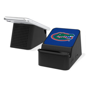 Two Florida Gators Solid Wireless Charging Stations and Bluetooth Speakers, one with a university of florida gators logo on top, isolated on a white background.