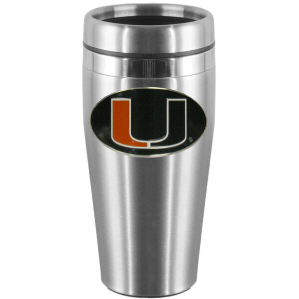 Miami Hurricanes Steel Travel Mug with the University of Miami logo on the front.
