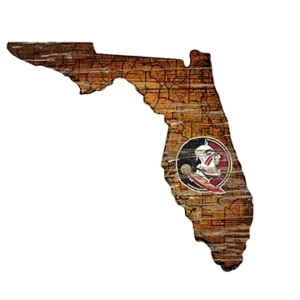 Wooden cutout in the shape of florida with a weathered look, featuring the florida state university seminoles logo on the lower part.