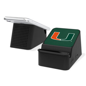 A portable black Miami Hurricanes Solid Wireless Charging Station and Bluetooth Speaker with a Miami Hurricanes logo on the projector screen, which is extended from the base.