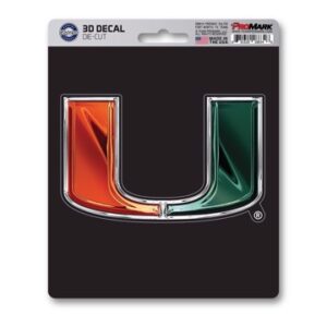 University of Miami Hurricanes 3D Decal with a gradient from orange to green, packaged on a branded promark card.
