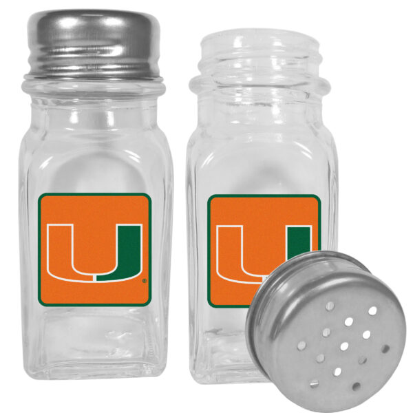 Miami Hurricanes Graphics salt and pepper shakers with orange and green 'u' logos, one with a metal lid on and one without.