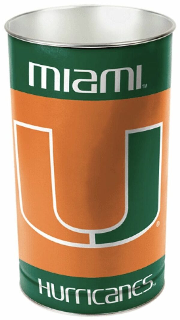 A cylindrical Miami Hurricanes wastebasket 15 inch in green and orange, featuring the University of Miami logo.