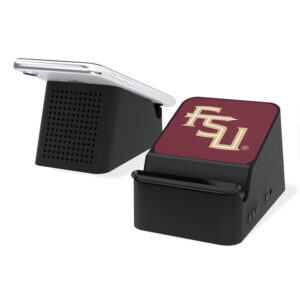 A Florida State Seminoles Solid Wireless Charging Station and Bluetooth Speaker, shown open with the upper part displaying the fsu logo and the lower part featuring a grid design.