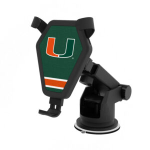 Car mount holder with a Miami Hurricanes Stripe Wireless Car Charger logo on a white background.