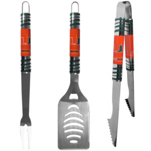 Three-piece Miami Hurricanes 3 pc Tailgater BBQ Set with green and silver handles, featuring a spatula, fork, and tongs, each with an orange logo.