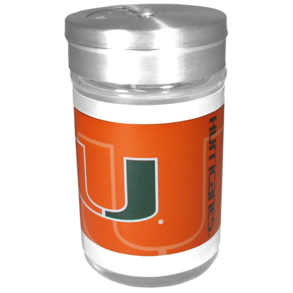 An insulated tumbler with a lid, featuring the Miami Hurricanes Tailgater Season Shaker logo in orange and green on a white background.