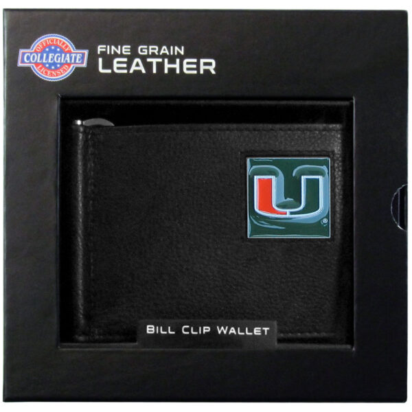Black fine grain leather Miami Hurricanes bill clip wallet with a university of miami logo displayed on the box.