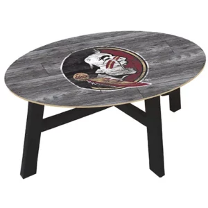 Oval coffee table with a dark wood finish and a florida state university seminoles logo in the center, mounted on black legs.