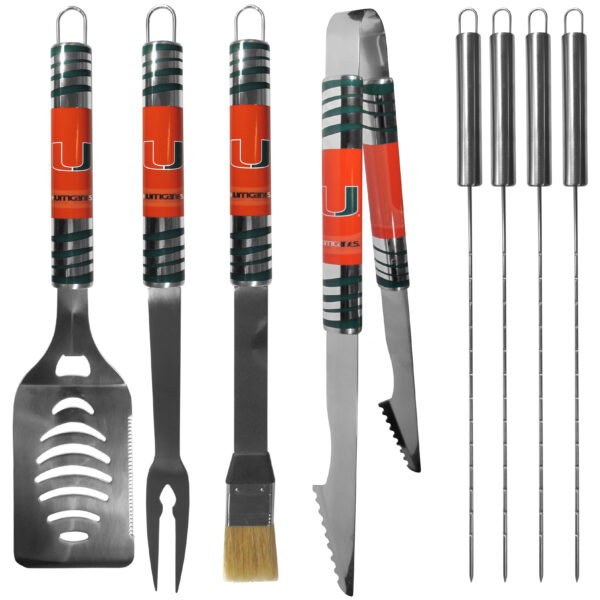 Barbecue tool set featuring Miami Hurricanes logos, including a spatula, tongs, fork, basting brush, and skewers, against a white background.