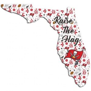 Illustration of florida's outline decorated with a pirate-themed pattern and the phrase "raise the flag" in a casual font.