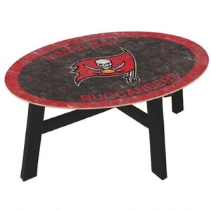 Oval-shaped table featuring the tampa bay buccaneers logo with a black and red color scheme on a white background.