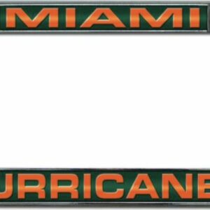 Miami Hurricanes License Plate Frame Laser Cut Chrome with "miami" in orange at the top and "hurricanes" in green at the bottom, both on white backgrounds.