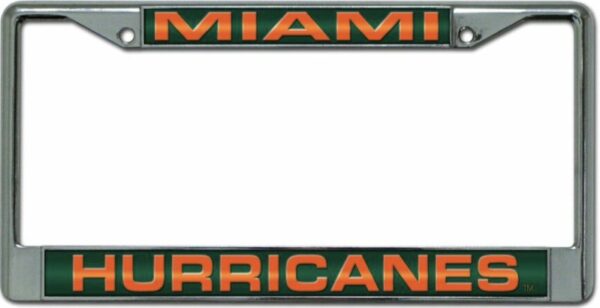 Miami Hurricanes License Plate Frame Laser Cut Chrome with "miami" in orange at the top and "hurricanes" in green at the bottom, both on white backgrounds.