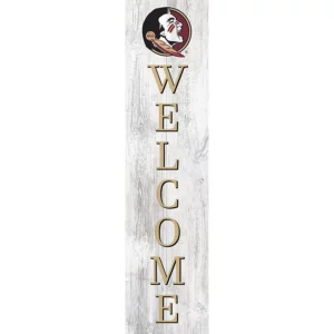 Vertical "welcome" sign on a rustic wood background with the florida state university logo at the top.