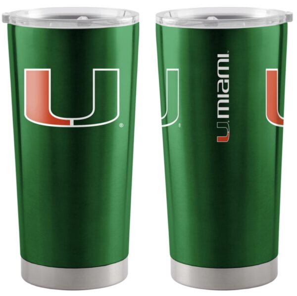 Two Miami Hurricanes Travel Tumblers 20oz Ultra Green with the university's "u" logo in white and orange.