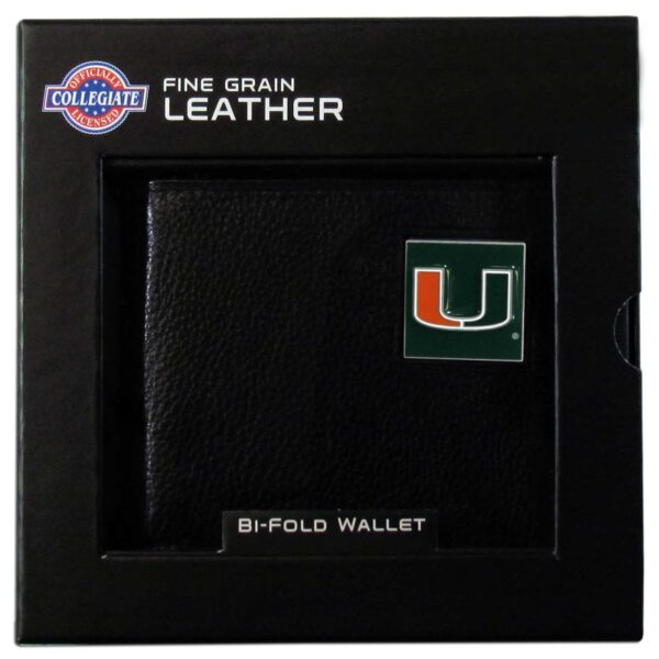 A Miami Hurricanes Leather Bi-fold Wallet made from fine grain leather, packaged in a black box, featuring a green and orange "u" logo emblem on the lower right corner.