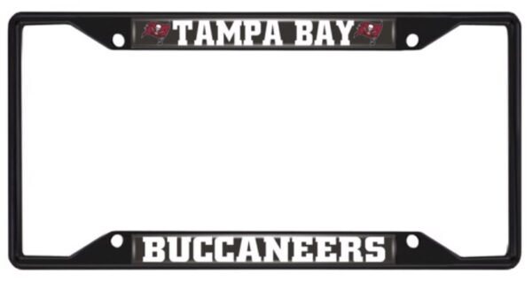 Empty Tampa Bay Buccaneers - NFL - Black Metal License Plate Frame with the team's logo on the corners.
