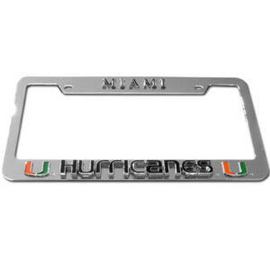Miami Hurricanes Deluxe Tag Frame" with "Miami" at the top and "Hurricanes" with University of Miami logos at the bottom.