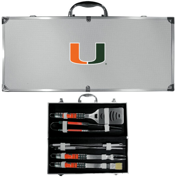 Miami Hurricanes 8 pc Tailgater BBQ Set case with the university of miami logo on the lid, open to display neatly arranged screwdrivers and other tools inside.