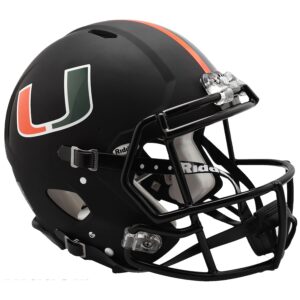 Black and orange Miami Hurricanes Helmet Riddell Authentic Full Size Speed Style Miami Nights Design featuring the university of miami "u" logo on the side.
