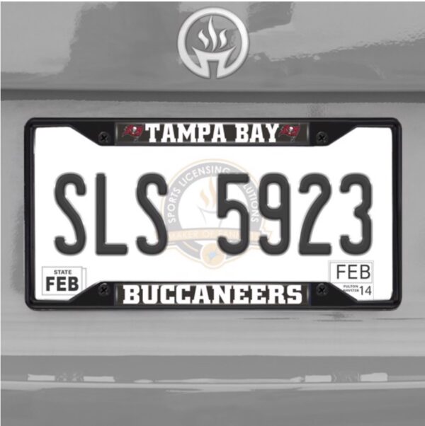 Tampa Bay Buccaneers - NFL - Black Metal License Plate Frame featuring the Tampa Bay Buccaneers logo, with the number "sls 5923" and registration stickers for February.
