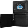 Sentence with product name: A Miami Hurricanes Leather Bill Clip Wallet open, displaying clear id window with a "world's best boss" sticker; additional empty slots visible.
