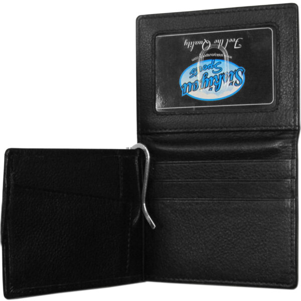 Sentence with product name: A Miami Hurricanes Leather Bill Clip Wallet open, displaying clear id window with a "world's best boss" sticker; additional empty slots visible.