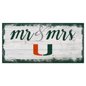 A rectangular sign with a distressed white wood background, displaying "mr & mrs" in black cursive letters, and a large green "u" with an orange outline.