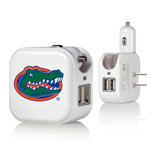 Florida Gators Insignia 2 in 1 USB Charger with a green and orange alligator logo, displayed with an additional charger showing its plug and usb ports.