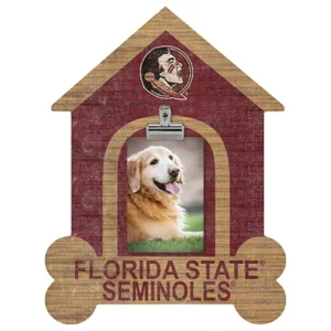 A decorative hanging sign shaped like a doghouse featuring a florida state seminoles logo and a photo of a smiling golden retriever.