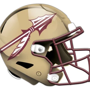 A football helmet painted in gold with a maroon and white spear logo on the side, featuring a protective face guard and padding inside.