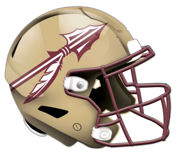 A football helmet painted in gold with a maroon and white spear logo on the side, featuring a protective face guard and padding inside.