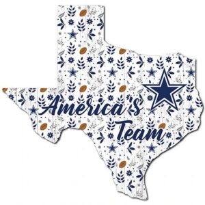 Decorative illustration of texas state outline, adorned with blue and white floral patterns and stars, featuring the phrase "america's team" in bold letters.
