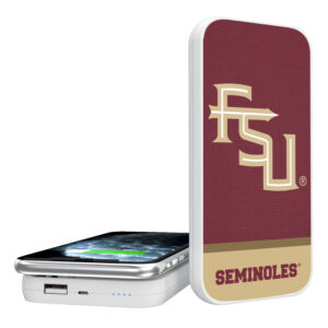 Florida State Seminoles Solid Wordmark 5000mAh Portable Wireless Charger with the florida state university seminoles logo next to a smartphone showing its charging status.
