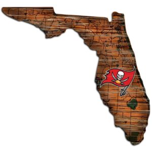 Graphic of florida map in a rustic wood style with a tampa bay buccaneers logo on it.