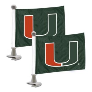 Two University of Miami Hurricanes Ambassador Flags, each featuring a large orange and white "U" logo on a green background, mounted on white poles with gray stands.