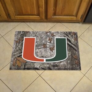 A University of Miami Hurricanes Scraper with a camo background featuring the university of miami "u" logo in orange and green, placed on a tiled kitchen floor.