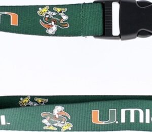 Miami Hurricanes Lanyard Green with the university of miami logo and mascot illustrations, featuring a black plastic buckle.
