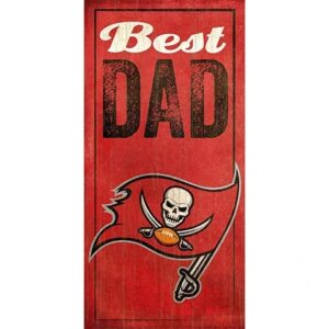 Red and white vertical sign with the text 'best dad' and an illustration of a skull with crossed swords and a football on a pirate flag.