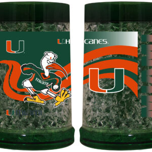 Two Miami Hurricanes Full Color Freezer Mugs with green team logos and mascot on patterned backgrounds.