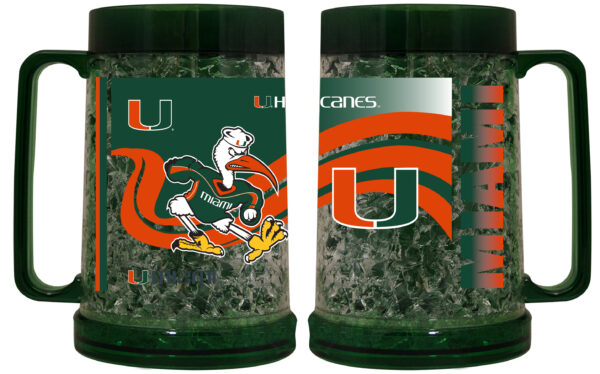 Two Miami Hurricanes Full Color Freezer Mugs with green team logos and mascot on patterned backgrounds.