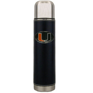 A black and silver Miami Hurricanes Thermos with a logo featuring the letter "u" on the front, against a white background.