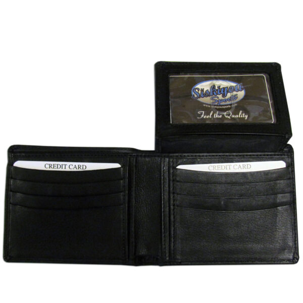 Miami Hurricanes Leather Bi-fold Wallet open displaying empty credit card slots and a clear ID window with a logo reading "solidifying your dreams - trust the quality.