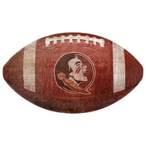 Vintage-style football with a worn texture, featuring a logo of a native american warrior on the side.