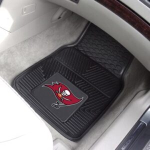 A NFL - Tampa Bay Buccaneers Vinyl Car Mat Set featuring a tampa bay buccaneers logo inside a vehicle.