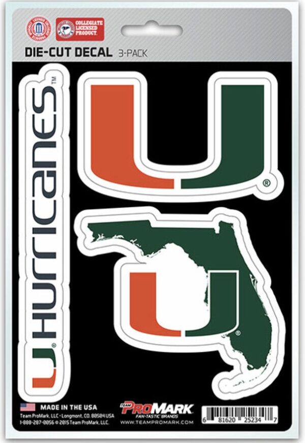 Packaging for a Miami Hurricanes Decal Die Cut Team 3 Pack featuring the university of miami hurricanes logo in green, orange, and white.