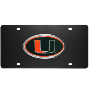 Miami Hurricanes Acrylic License Plate featuring the university of miami logo with an orange and green 'u' on a reflective silver oval background.