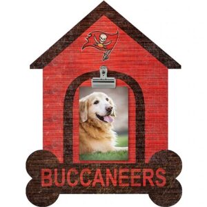 Photo frame shaped like a doghouse with a tampa bay buccaneers logo, containing an image of a smiling golden retriever, and labeled "buccaneers" at the bottom.